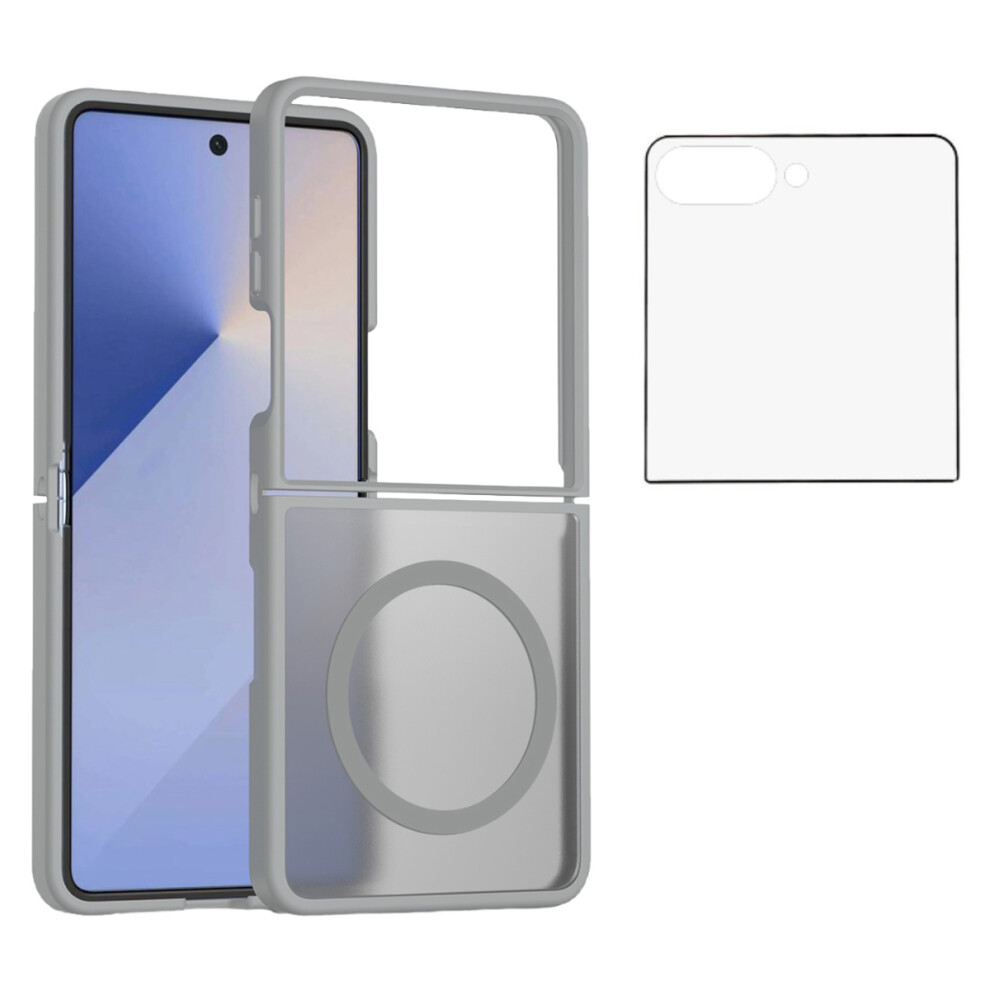 (Grey) For Samsung Galaxy Z Flip7 5G Case Pc + Tpu Kickstand Phone Cover With Tempered Glass Screen Film Grey 6914296597356