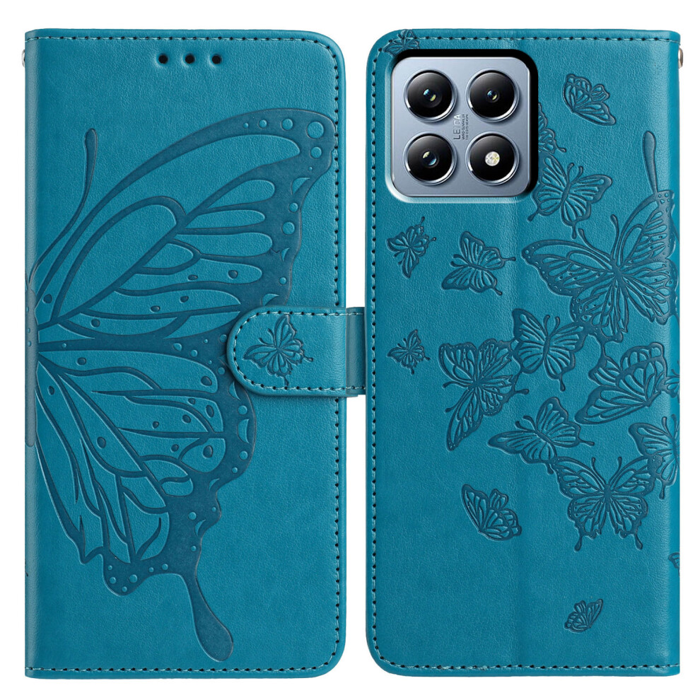 (Blue) For Xiaomi 15T Case Butterfly Imprint Wallet Stand Pu Leather Flip Phone Cover With Strap Blue 6914295876681