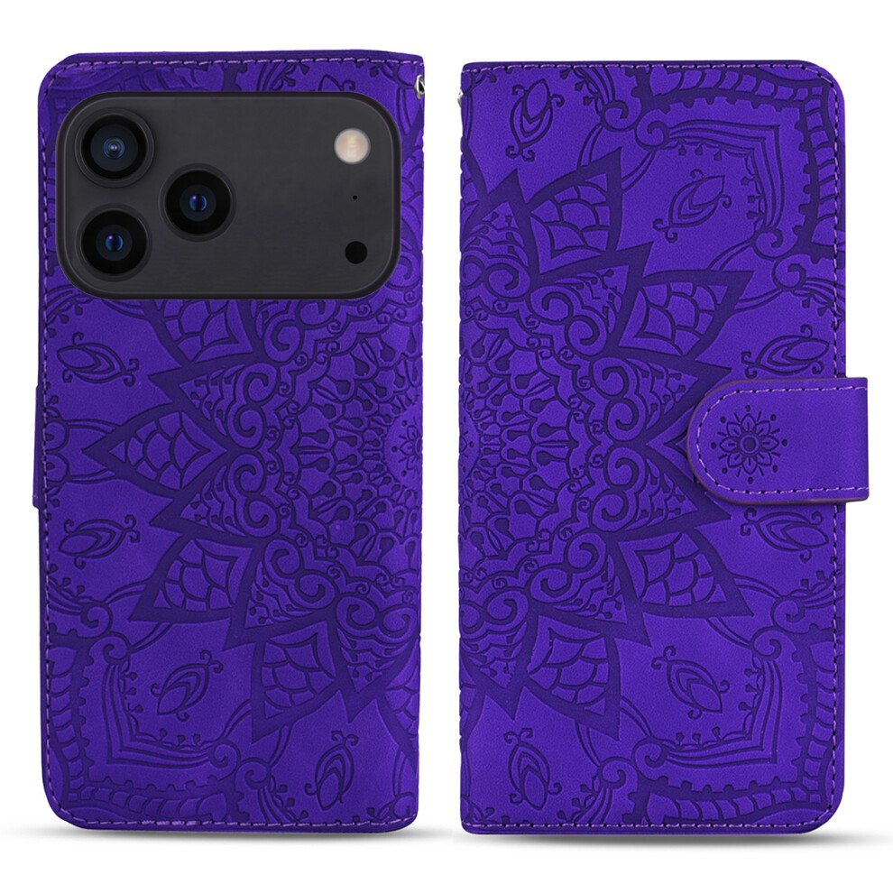 (Purple) For Iphone 17 Pro Case Flower Imprinted Pu Leather Wallet Flip Phone Cover With Wrist Strap Purple 6914293975409