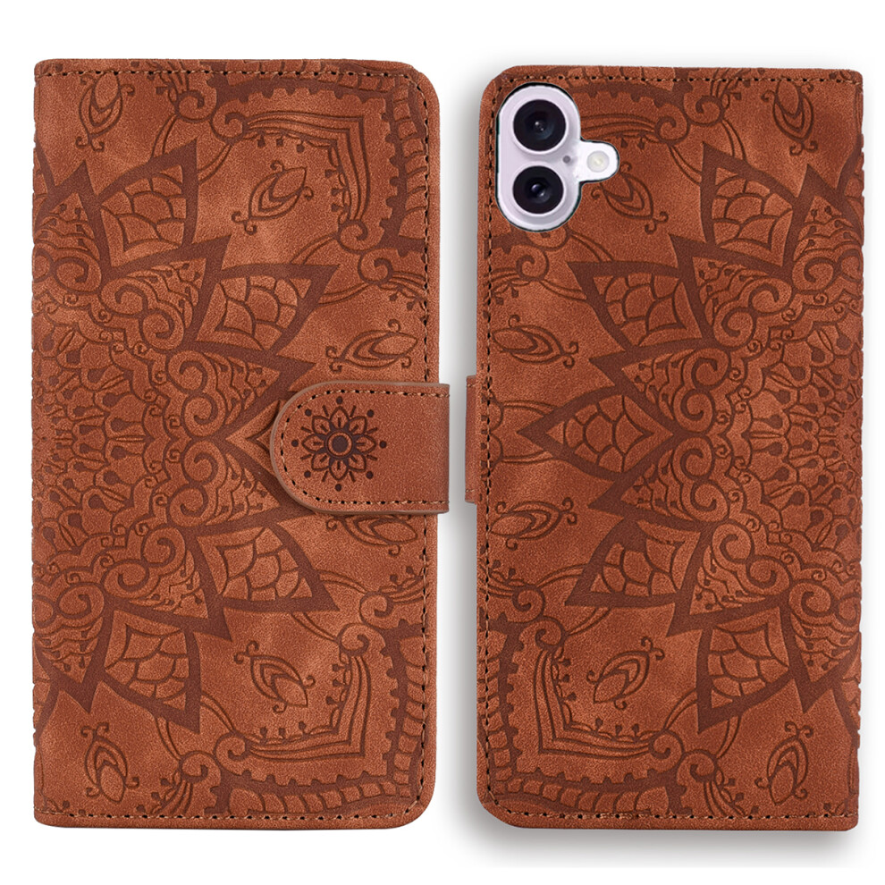 (Brown) For Iphone 17 Case Flower Imprinted Pu Leather Wallet Flip Phone Cover With Wrist Strap Brown 6914295055192