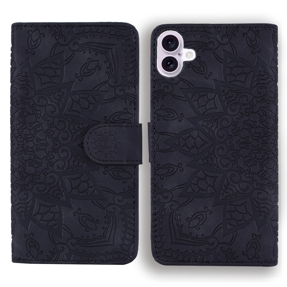 (Black) For Iphone 17 Case Flower Imprinted Pu Leather Wallet Flip Phone Cover With Wrist Strap Black 6914295066563