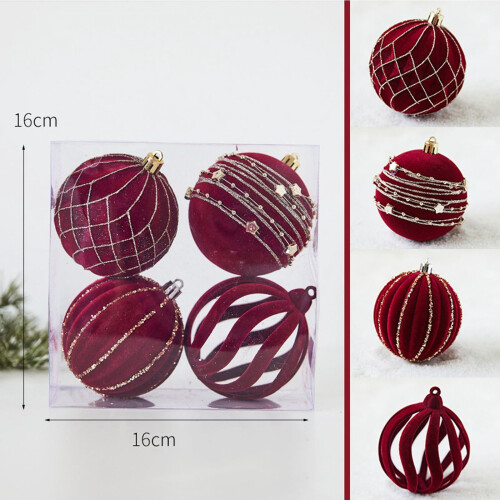 Christmas tree decorations plush wine red balls 4 pcs