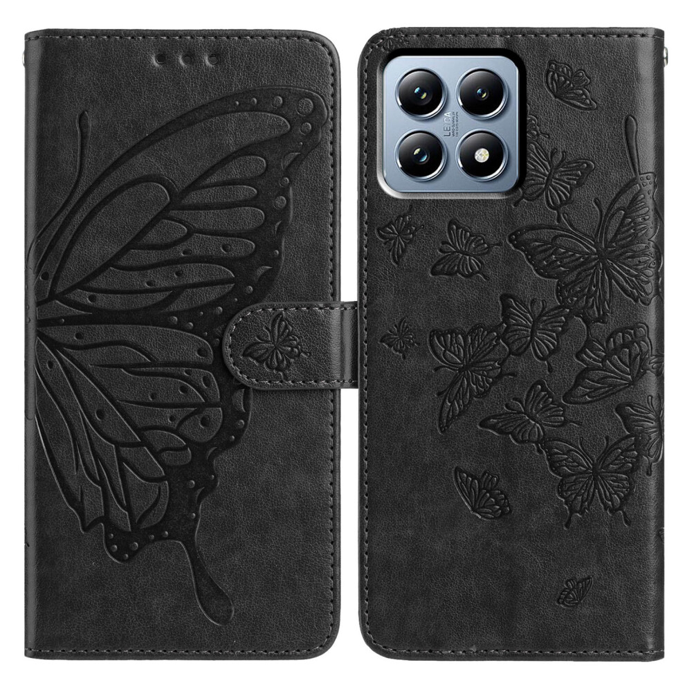 (Black) For Xiaomi 15T Pro Case Butterfly Imprint Wallet Stand Pu Leather Flip Phone Cover With Strap Black 6914297883038