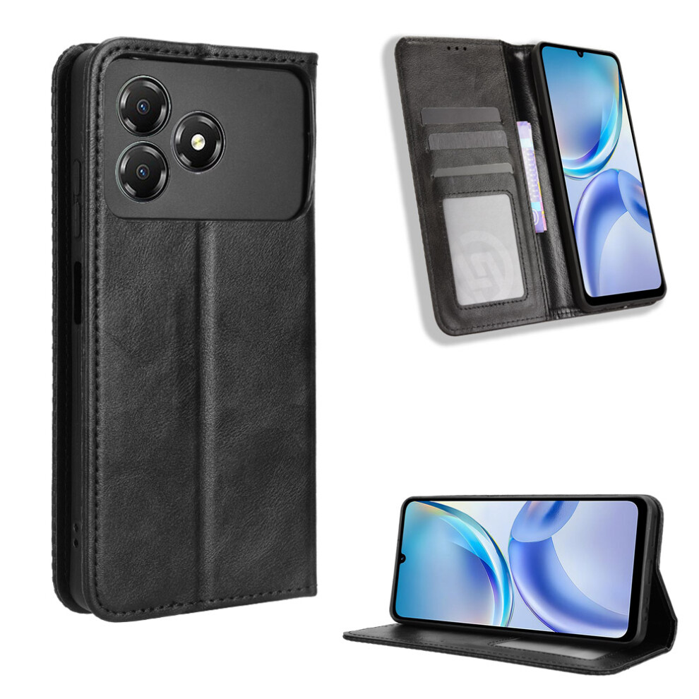 (Black) For Zte Blade A36 Leather Case Wallet Stand Retro Texture Phone Cover Black 6914294590878