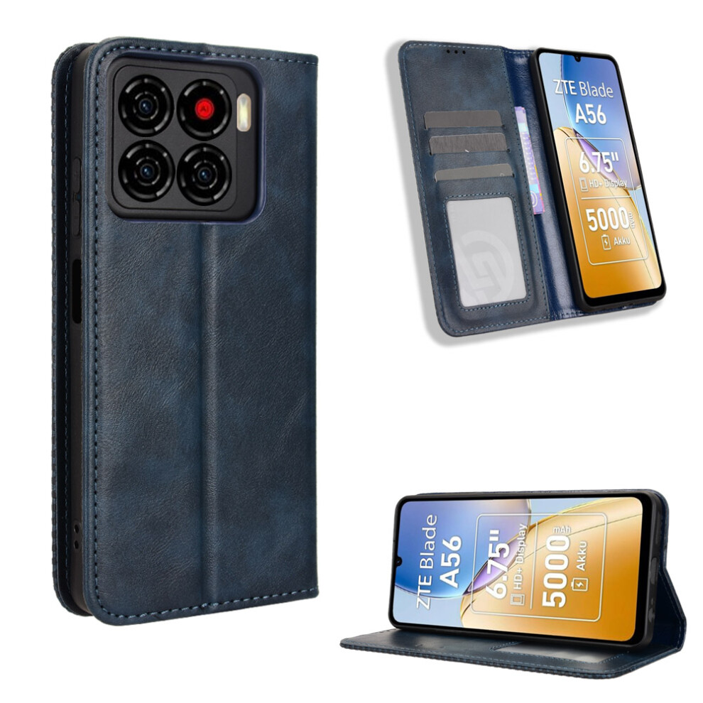 (Blue) For Zte Blade A56 Leather Case Wallet Stand Retro Texture Phone Cover Blue 6914291346812
