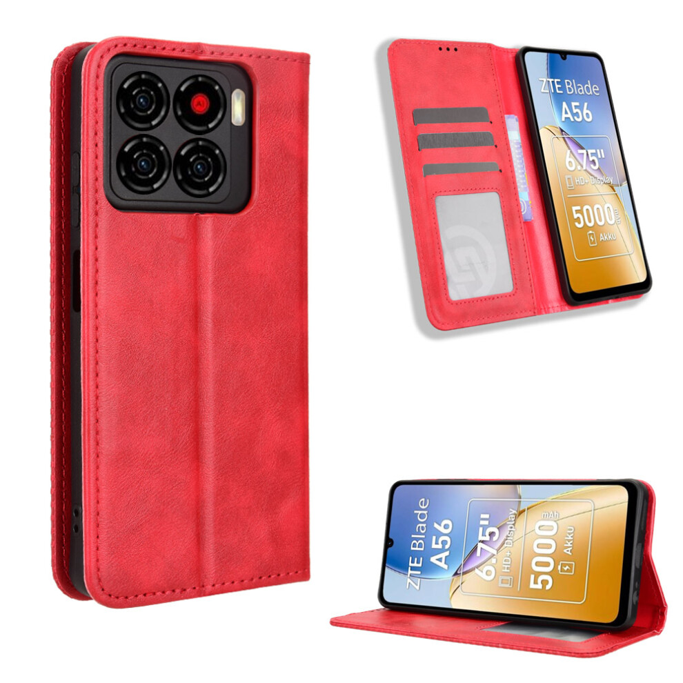 (Red) For Zte Blade A56 Leather Case Wallet Stand Retro Texture Phone Cover Red 6914296437065