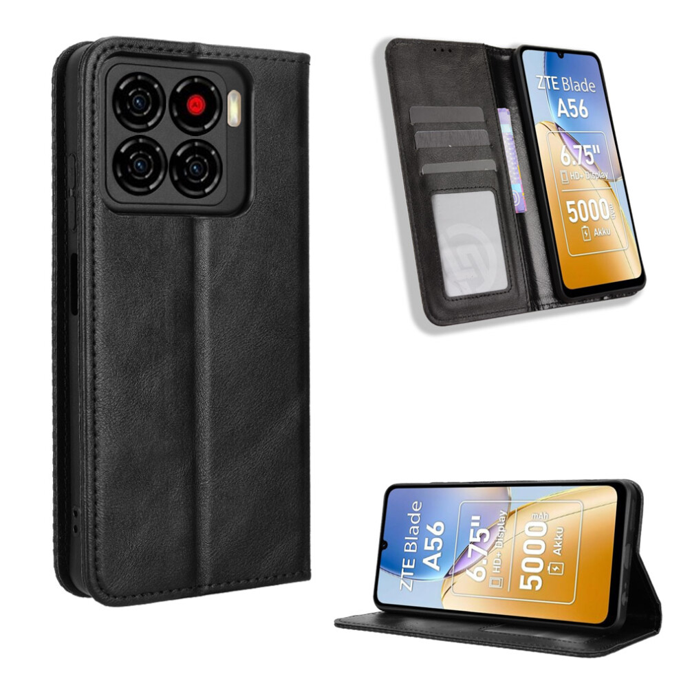 (Black) For Zte Blade A56 Leather Case Wallet Stand Retro Texture Phone Cover Black 6914295477291