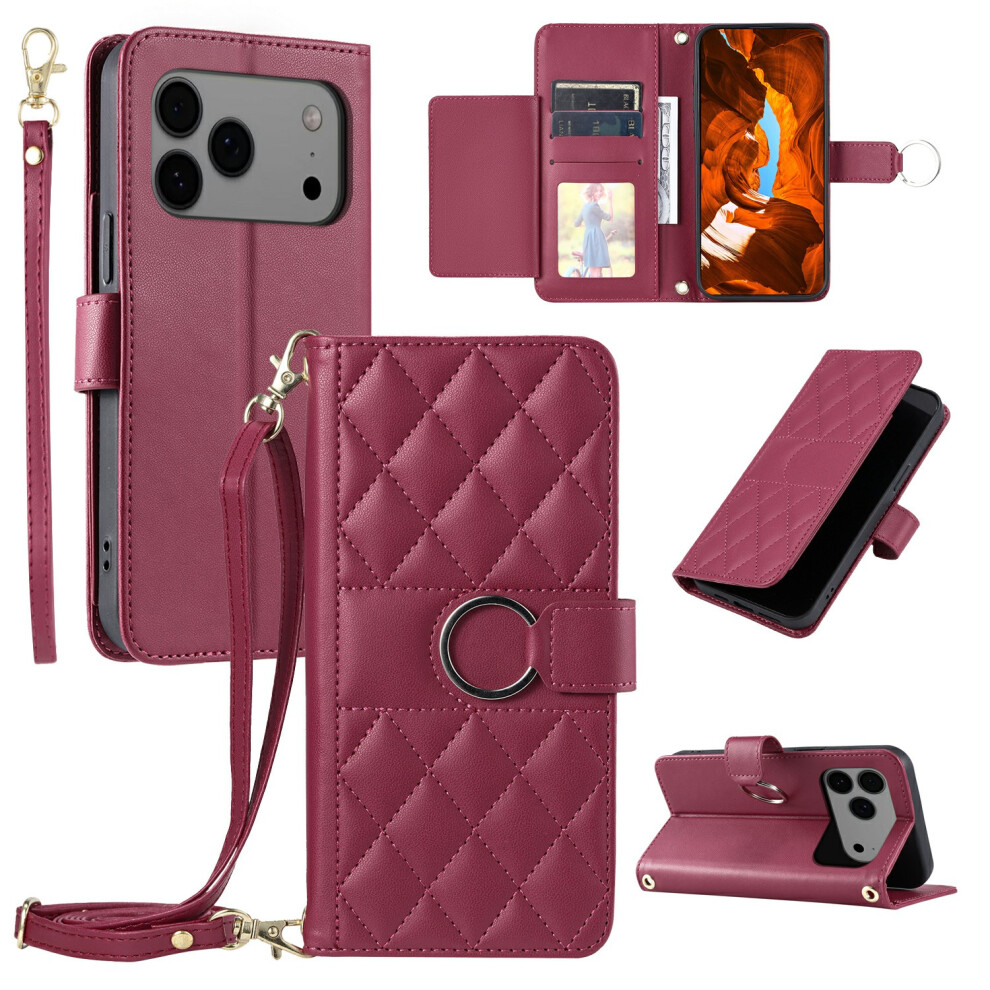 (Red) For Iphone 17 Pro Case Ring Buckle Wallet Stand Rhombus Crossbody Leather Mobile Cover Red 6914299851363