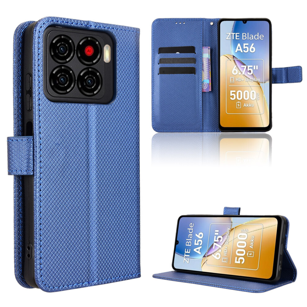 (Blue) For Zte Blade A56 Leather Wallet Case With Strap Diamond Texture Phone Cover Blue 6914290087730