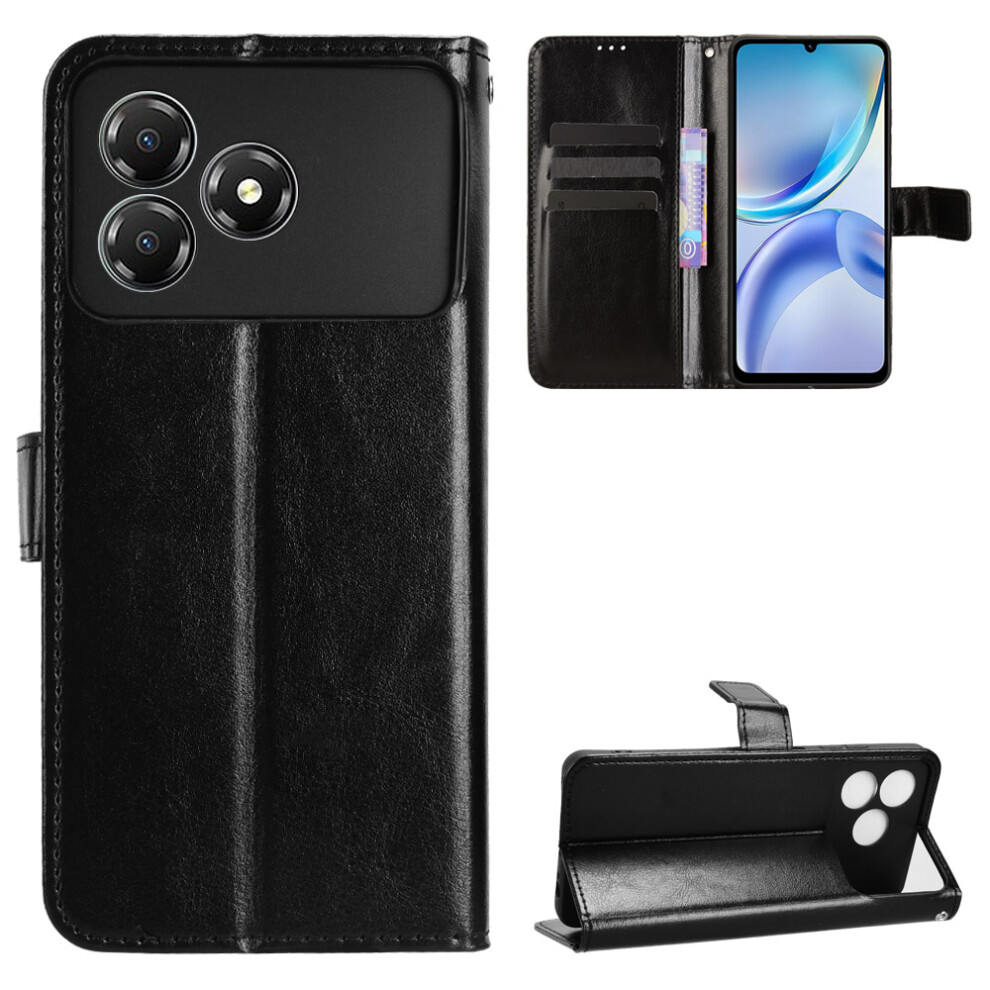 (Black) For Zte Blade A36 Pu Leather Case With Strap Crazy Horse Texture Phone Wallet Cover Black 6914296436556