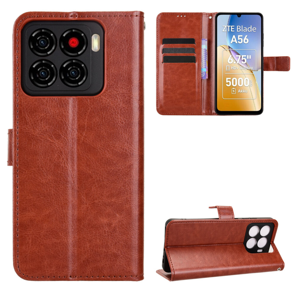 (Brown) For Zte Blade A56 Pu Leather Case With Strap Crazy Horse Texture Phone Wallet Cover Brown 6914294722569