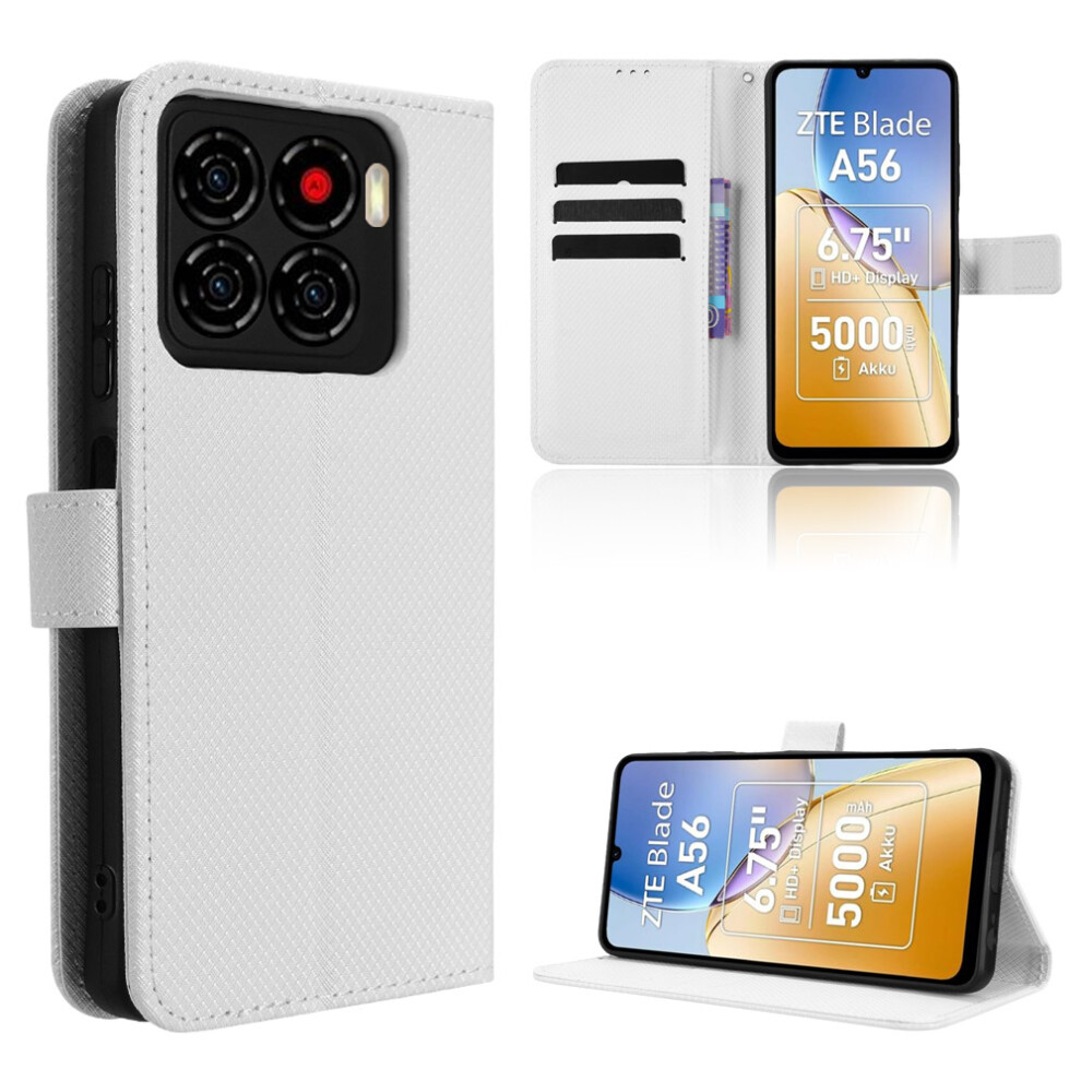 (White) For Zte Blade A56 Leather Wallet Case With Strap Diamond Texture Phone Cover White 6914290799886