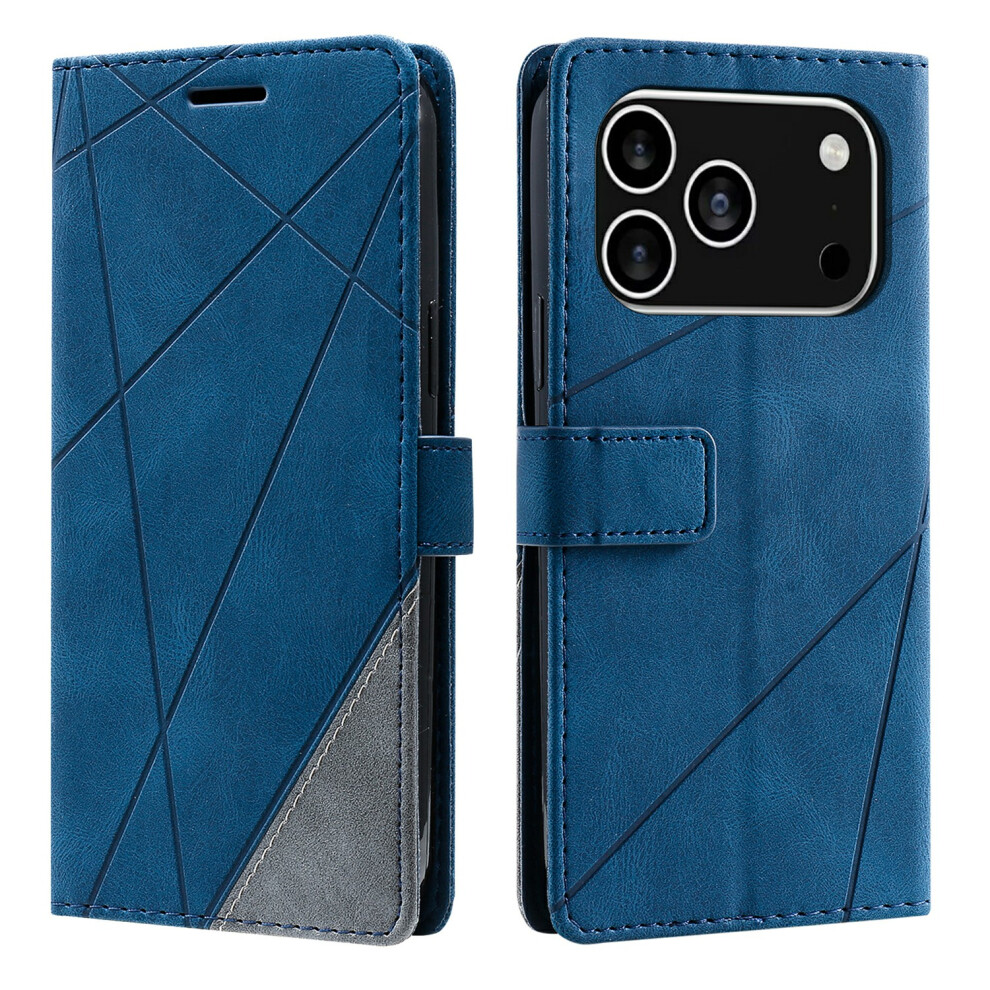 (Blue) For Iphone 17 Pro Case Imprinted Lines Pu Leather Splicing Wallet Phone Cover Blue 6914295618458