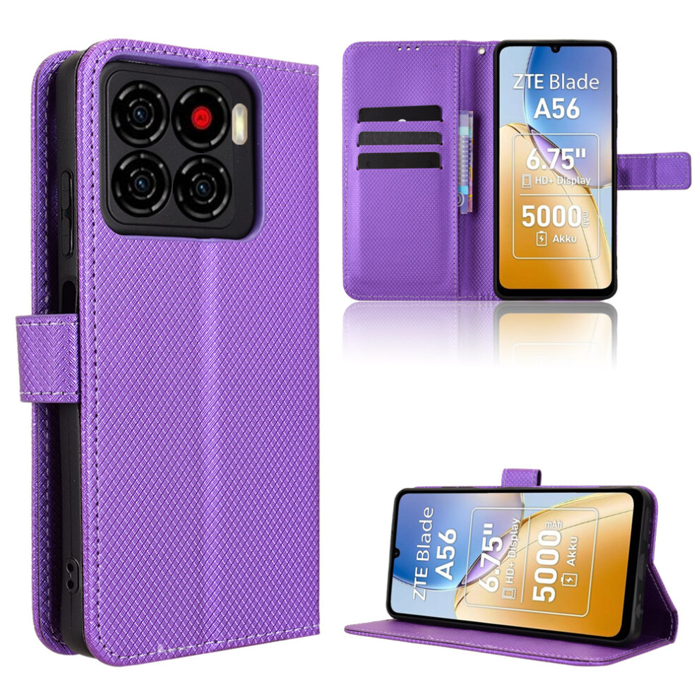 (Purple) For Zte Blade A56 Leather Wallet Case With Strap Diamond Texture Phone Cover Purple 6914291399245
