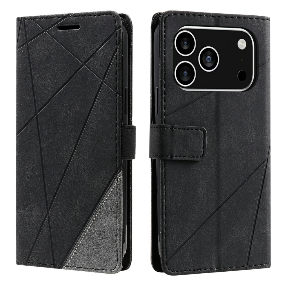 (Black) For Iphone 17 Pro Case Imprinted Lines Pu Leather Splicing Wallet Phone Cover Black 6914292064524