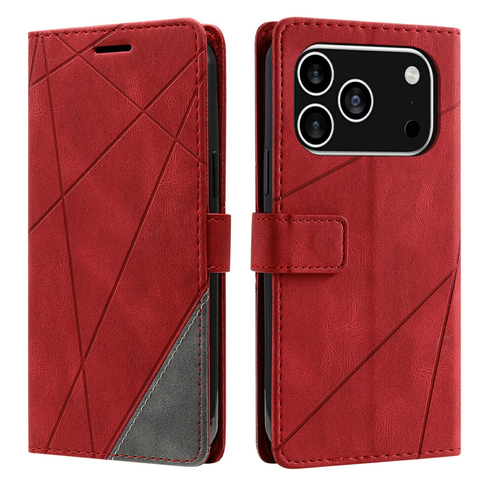 (Red) For Iphone 17 Pro Case Imprinted Lines Pu Leather Splicing Wallet Phone Cover Red 6914298109229