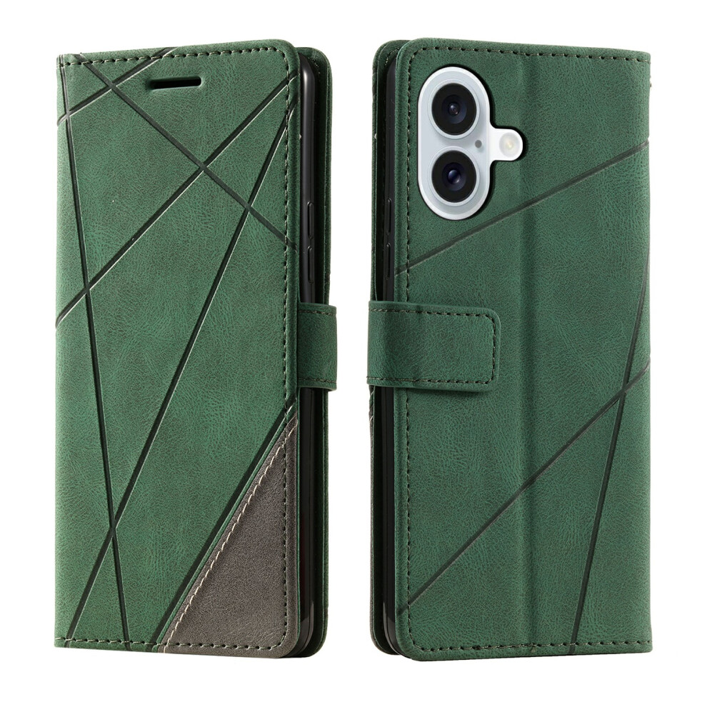 (Green) For Iphone 17 Case Imprinted Lines Pu Leather Splicing Wallet Phone Cover Green 6914290564194