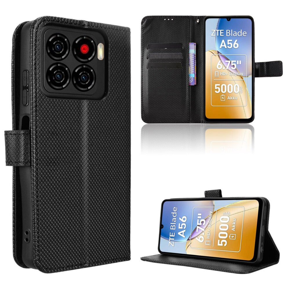 (Black) For Zte Blade A56 Leather Wallet Case With Strap Diamond Texture Phone Cover Black 6914296499681