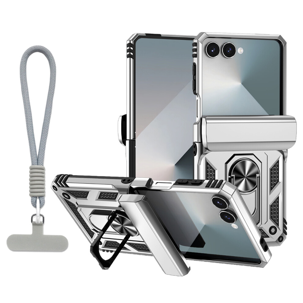 (Silver) For Samsung Galaxy Z Flip7 5G Case With Wrist Strap / Kickstand Hinge Protection Pc + Tpu Phone Cover Silver 6914297167572