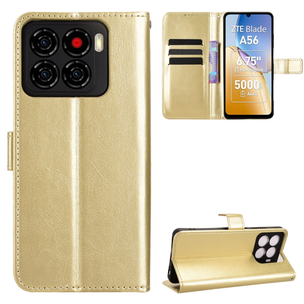 (Gold) For Zte Blade A56 Pu Leather Case With Strap Crazy Horse Texture Phone Wallet Cover Gold 6914291588359