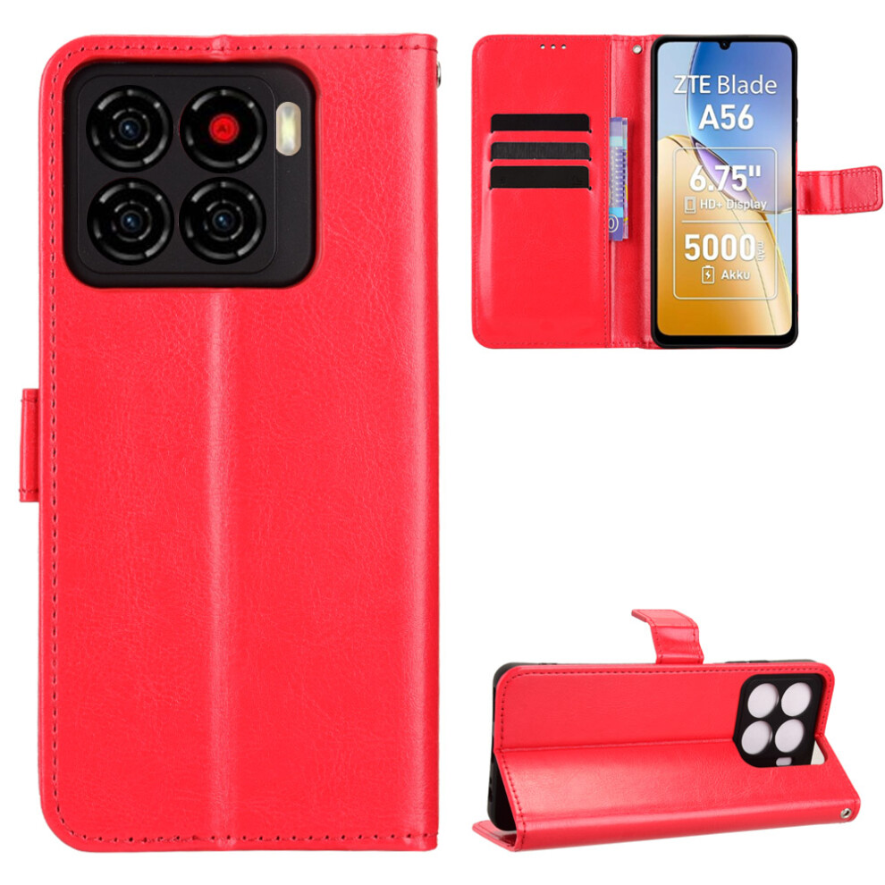 (Red) For Zte Blade A56 Pu Leather Case With Strap Crazy Horse Texture Phone Wallet Cover Red 6914293086358