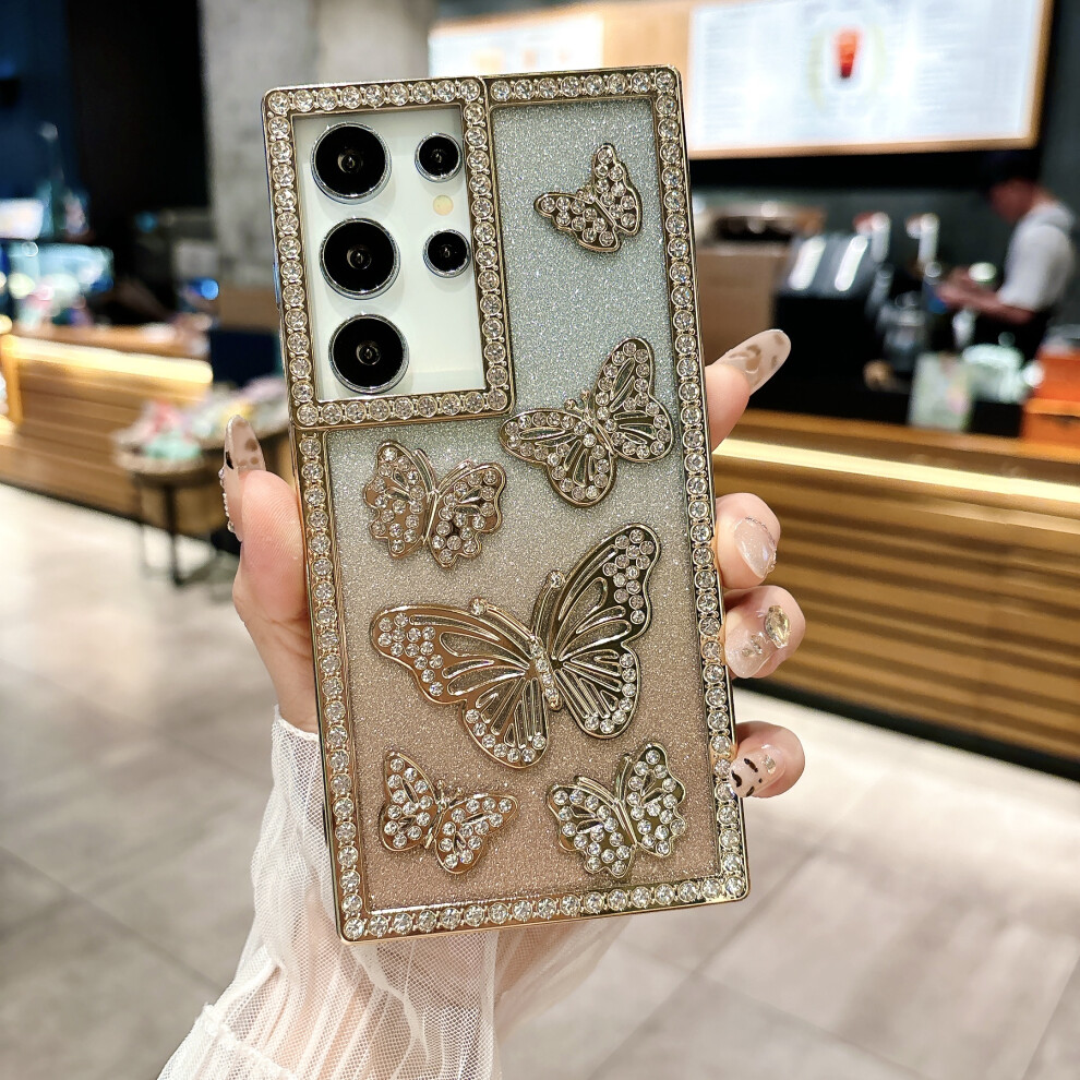 (Gold) For Samsung Galaxy S25 Ultra Case Rhinestone Butterfly Decor Soft Tpu Phone Cover Gold 6914298388532