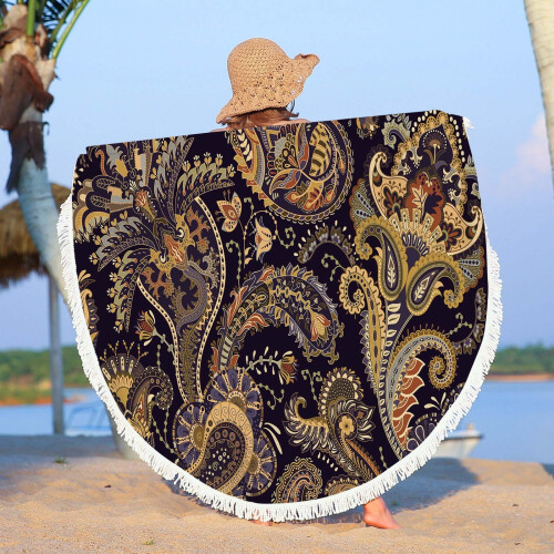 Couverture de plage ronde en microfibre avec pompons 150 cm 2