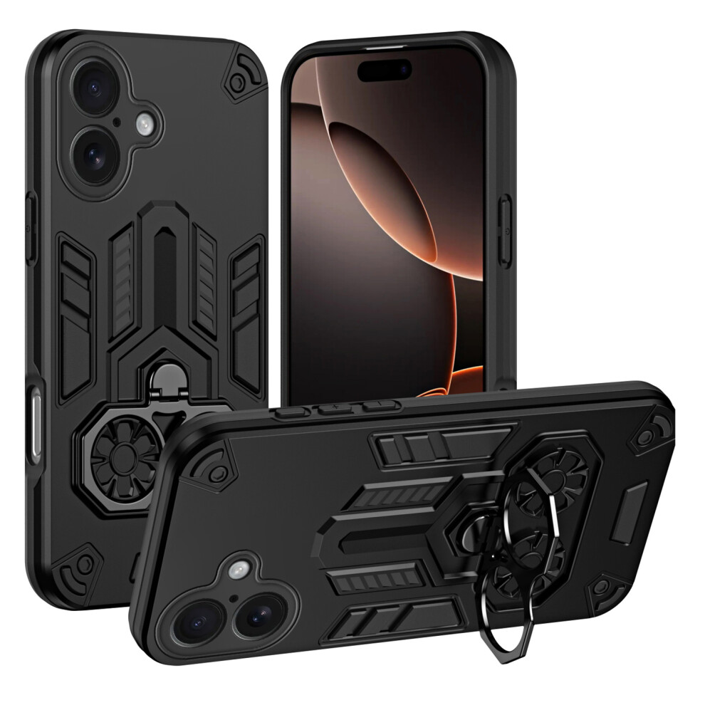 (Black) For Iphone 17 Case Ring Holder Kickstand Pc + Tpu Shockproof Phone Cover Black 6914291580858