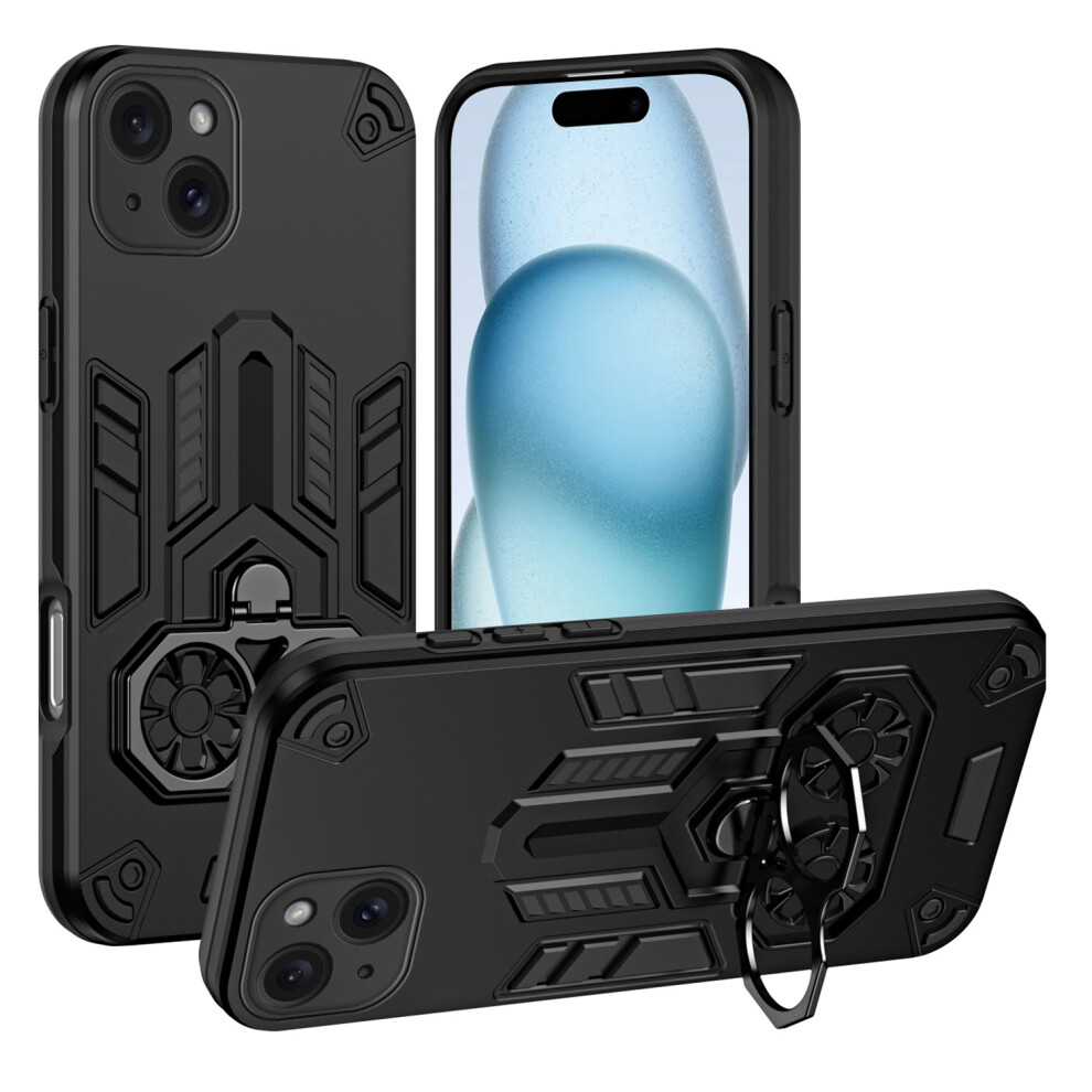 (Black) For Iphone 15 Case Ring Holder Kickstand Pc + Tpu Shockproof Phone Cover Black 6914297506852