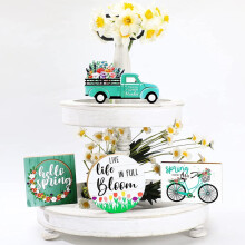 Plateau à étages décoratif en bois rustique style ferme, 4 pièces, idéal pour le printemps et l'été, parfait pour la cuisine, les étagères