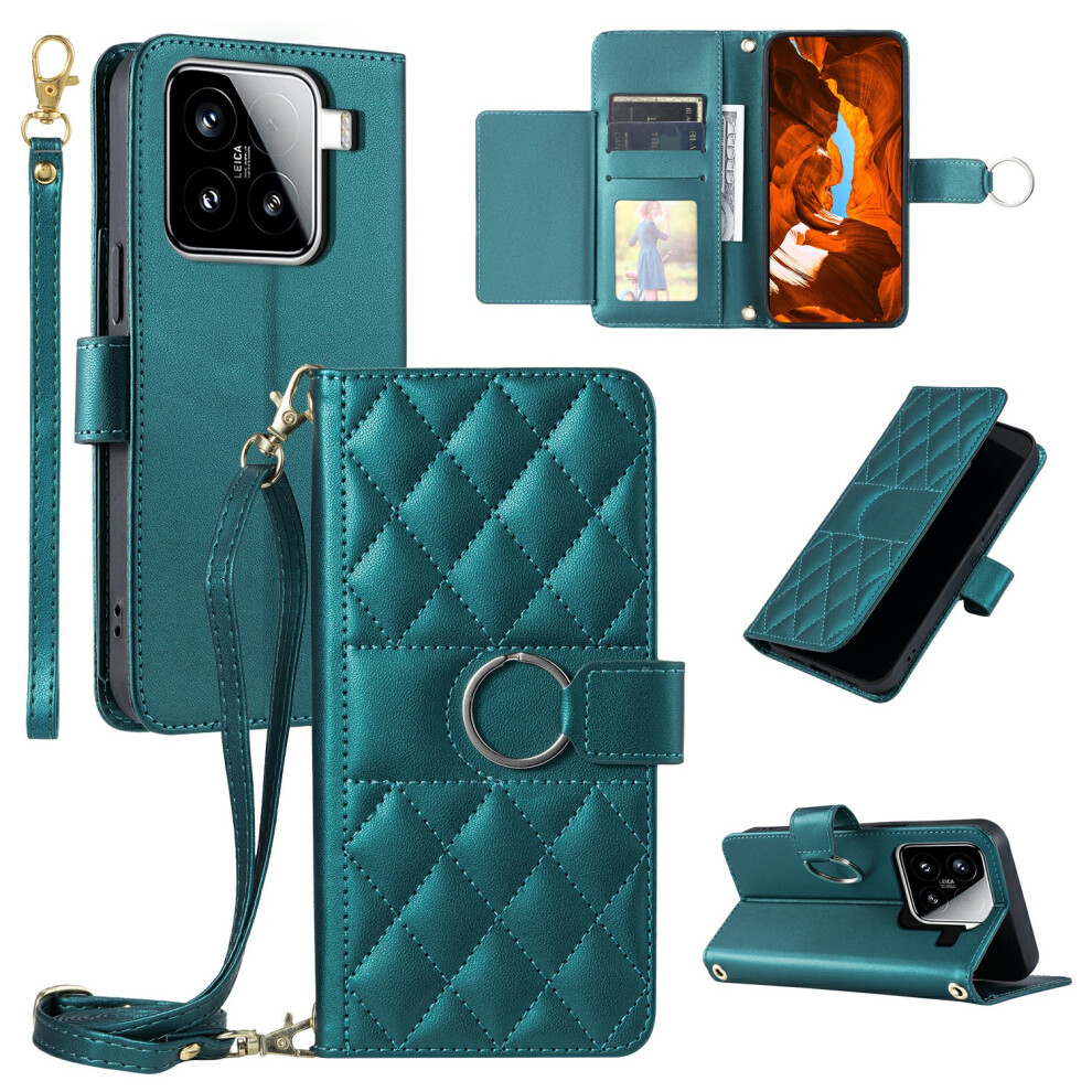 (Green) For Xiaomi 15 Case Ring Buckle Wallet Stand Rhombus Crossbody Leather Mobile Cover Green 6914297500317