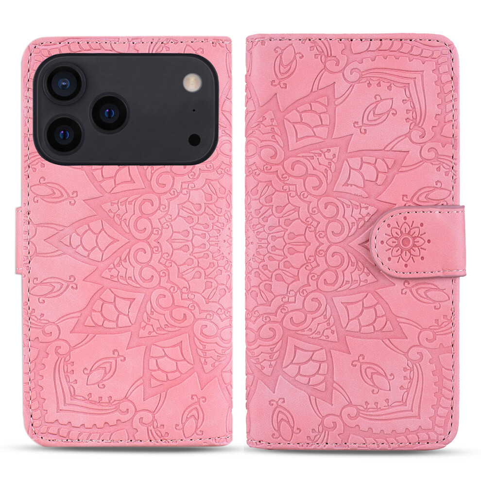 (Pink) For Iphone 17 Pro Case Flower Imprinted Pu Leather Wallet Flip Phone Cover With Wrist Strap Pink 6914295514040