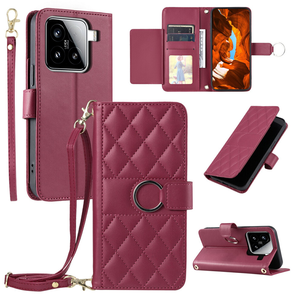 (Red) For Xiaomi 15 Case Ring Buckle Wallet Stand Rhombus Crossbody Leather Mobile Cover Red 6914297144955