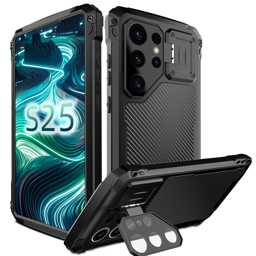 (Black) For Samsung Galaxy S25 Ultra Case Aluminum Alloy + Silicone Lens Kickstand Phone Cover With Tempered Glass Film Black 6914296098778