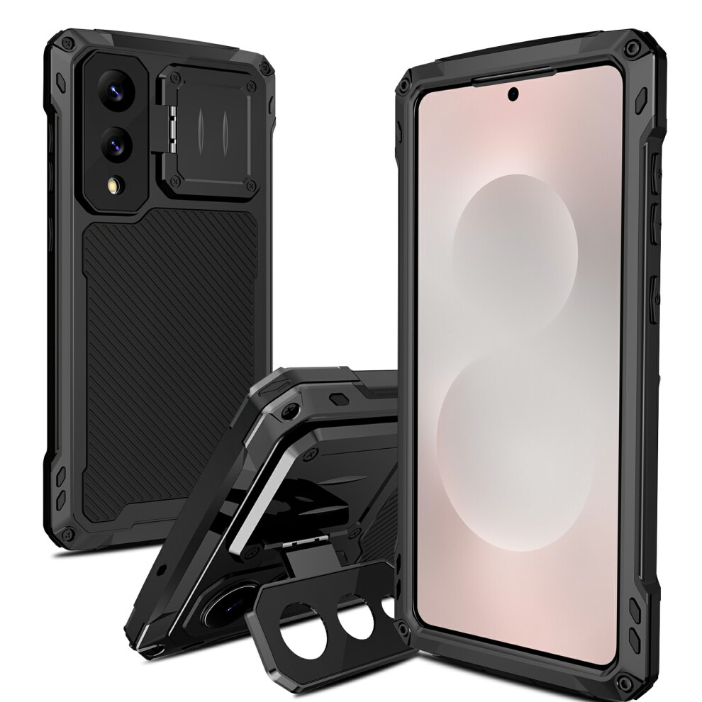(Black) For Samsung Galaxy S25 Edge Case Aluminum Alloy + Silicone Lens Kickstand Phone Cover With Tempered Glass Film Black 6914292869310