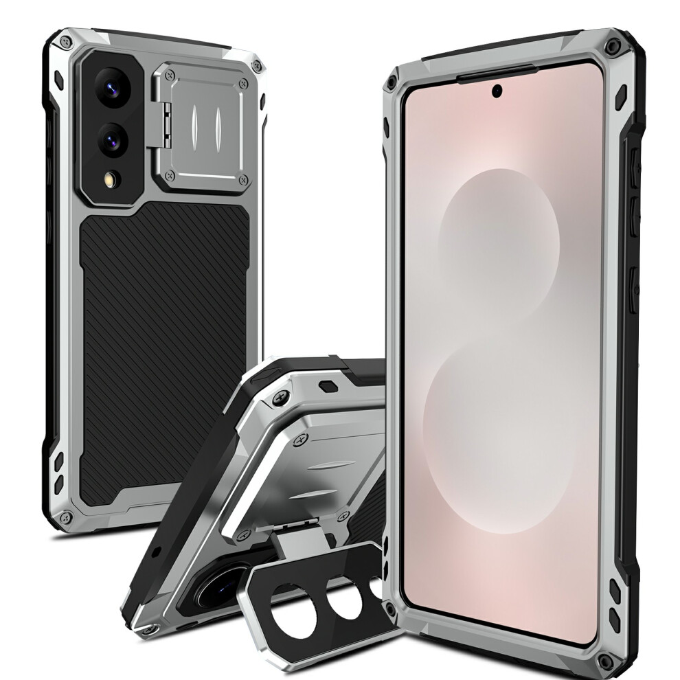(Silver) For Samsung Galaxy S25 Edge Case Aluminum Alloy + Silicone Lens Kickstand Phone Cover With Tempered Glass Film Silver 6914298935729