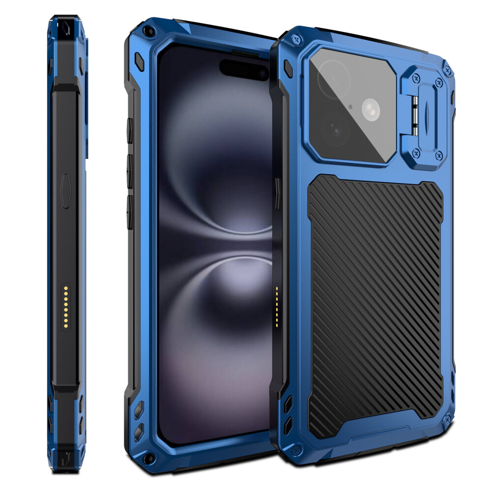 (Blue) For Iphone 16 Case Aluminum Alloy + Silicone Lens Kickstand Phone Cover With Tempered Glass Film Blue 6914290034741