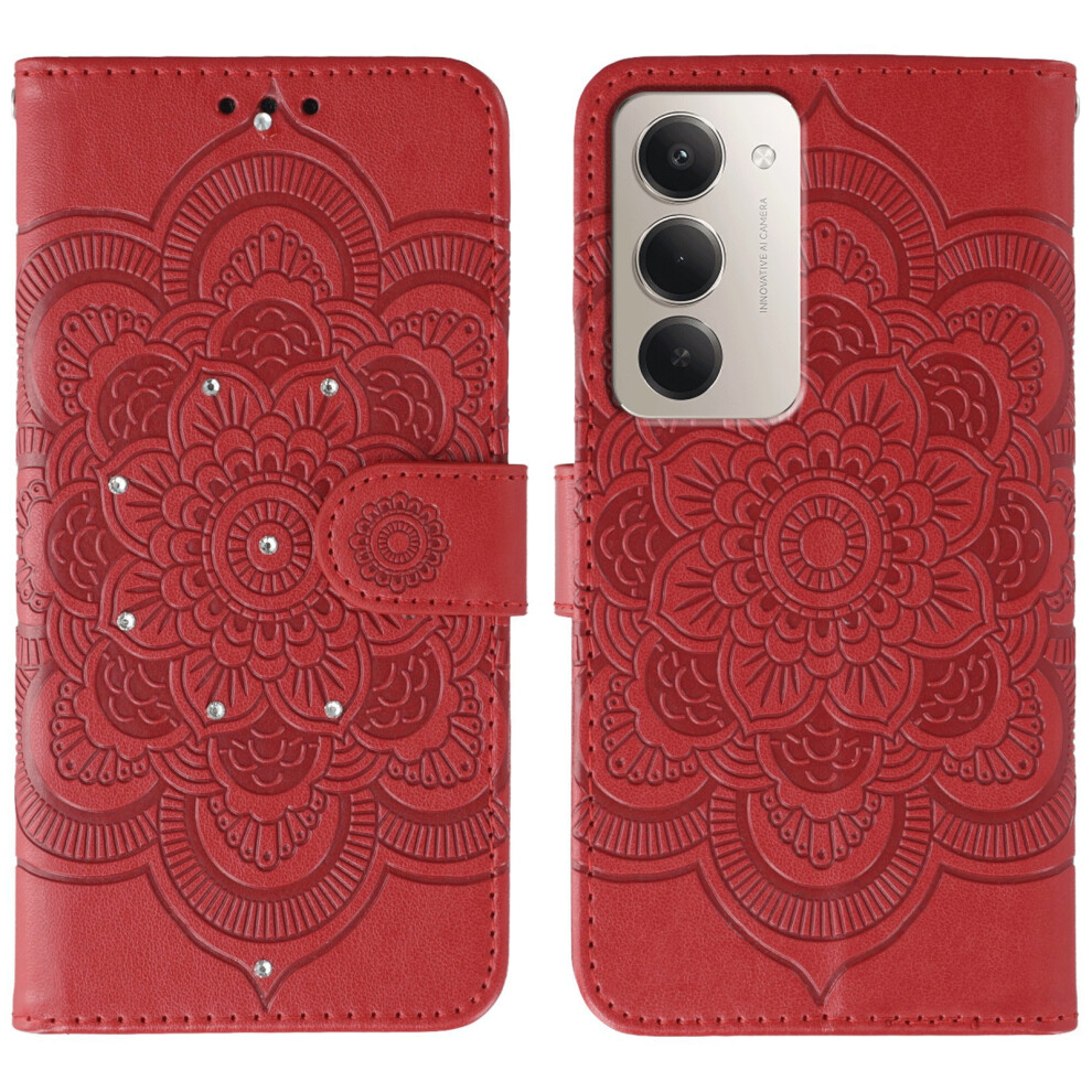 (Red) For Xiaomi Mi 15 5G (Global) (169Mm) / Poco M7 4G (169Mm) Case Rhinestone Decor Pu Leather Mandala Imprinted Design Phone Cover Red 6914292814143