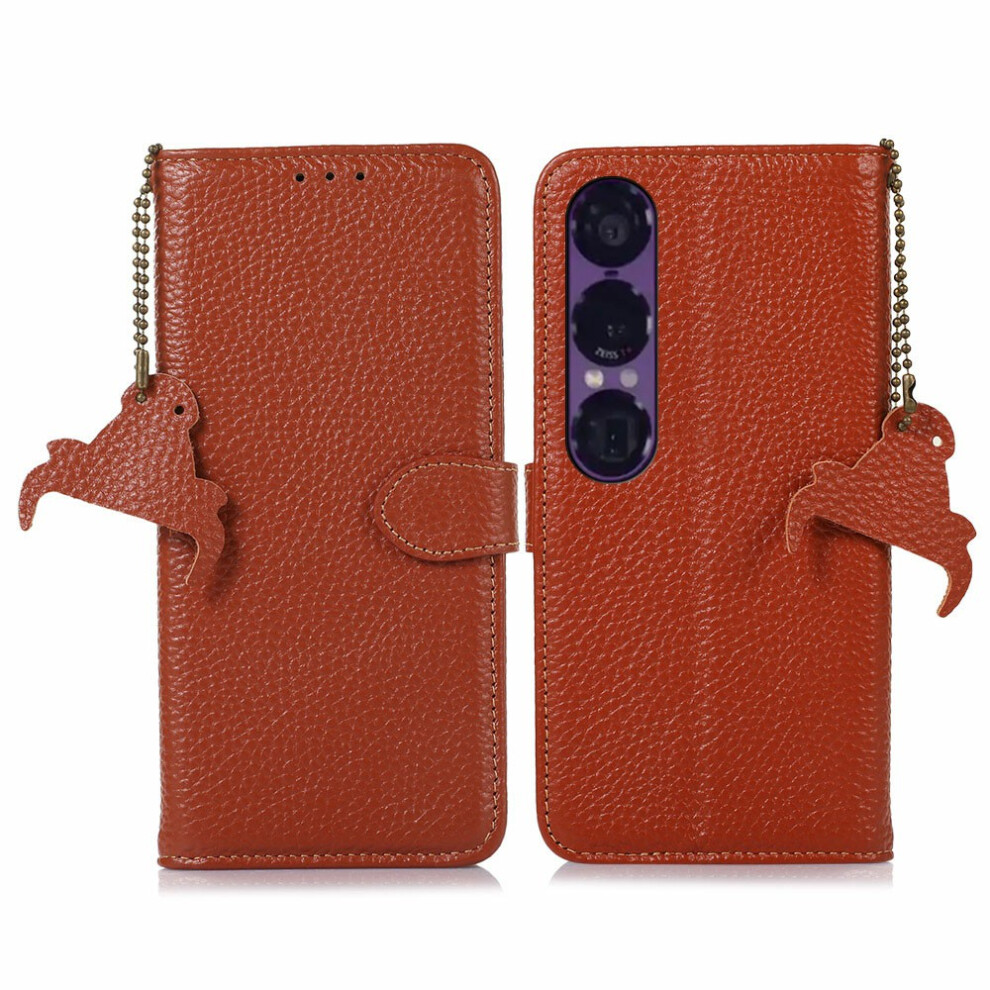 (Brown) For Sony Xperia 1 Vii Case Rfid Blocking Genuine Cow Leather Phone Cover Litchi Texture Brown 6914294014336