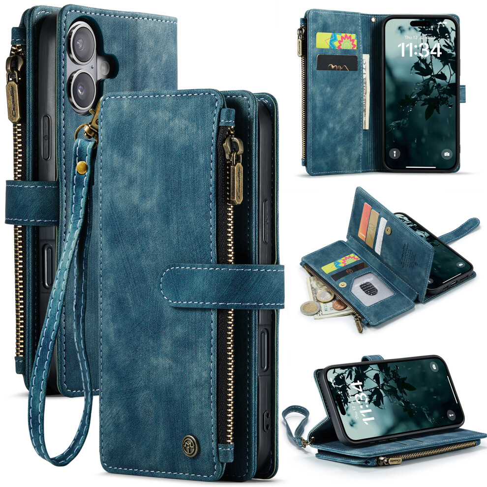 (Blue) Caseme For Iphone 17 Wallet Case C30 Leather Phone Cover With 10 Card Holder Zipper Pocket Blue 6914299693949