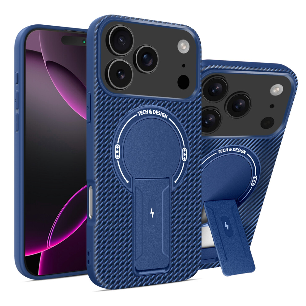 (Blue) For Iphone 17 Pro Case With Kickstand Carbon Fiber Texture Pc + Tpu Phone Cover Blue 6914293788856