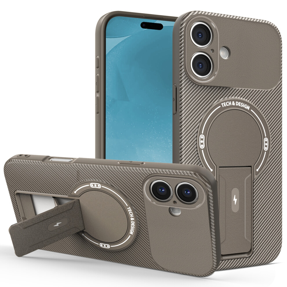 (Brown) For Iphone 17 Case With Kickstand Carbon Fiber Texture Pc + Tpu Phone Cover Brown 6914297482972