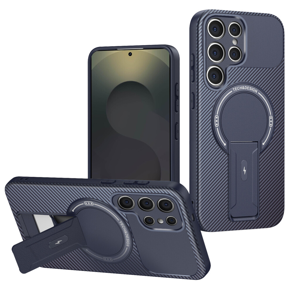 (Blue) For Samsung Galaxy S25 Ultra Case With Kickstand Carbon Fiber Texture Pc + Tpu Phone Cover Blue 6914295090339