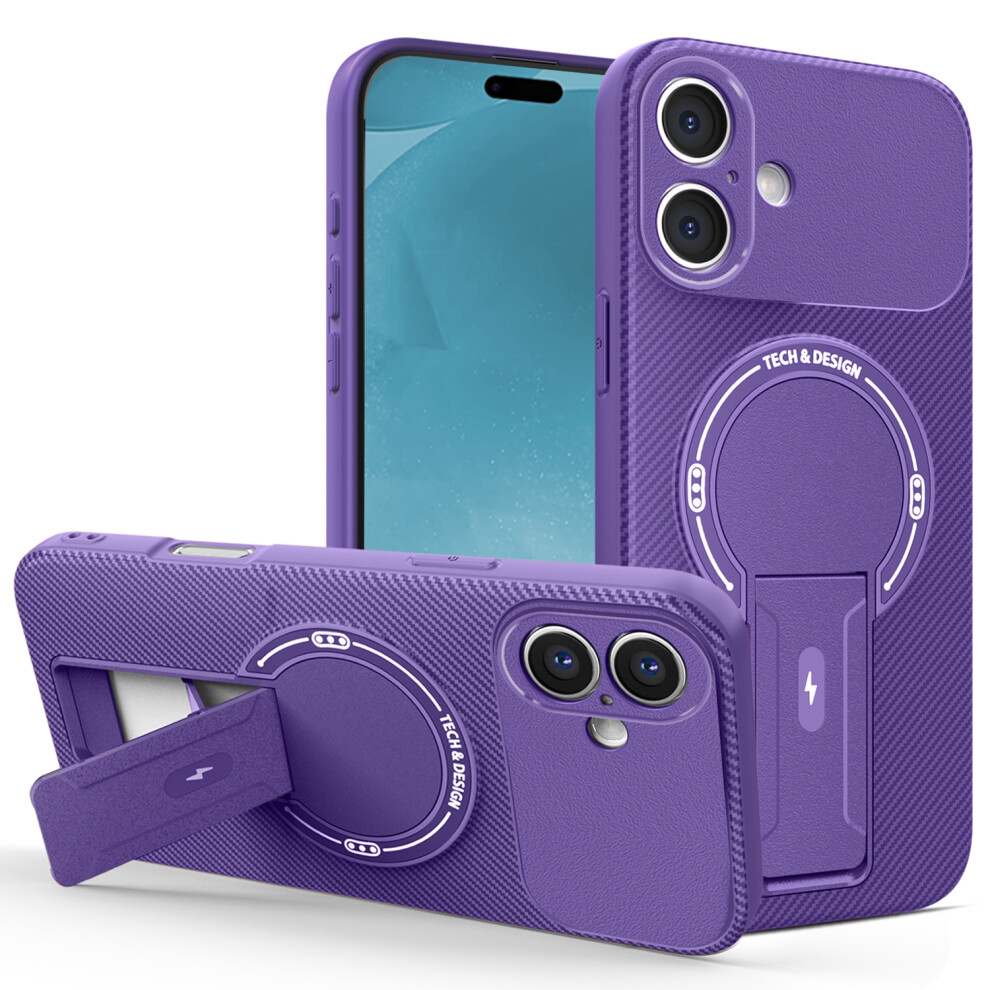 (Purple) For Iphone 17 Case With Kickstand Carbon Fiber Texture Pc + Tpu Phone Cover Purple 6914297268941