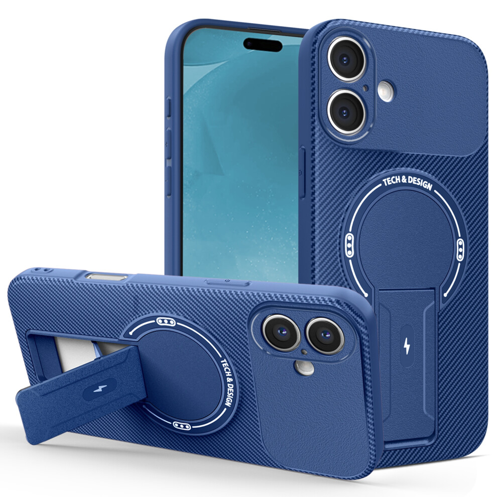 (Blue) For Iphone 17 Case With Kickstand Carbon Fiber Texture Pc + Tpu Phone Cover Blue 6914295923156