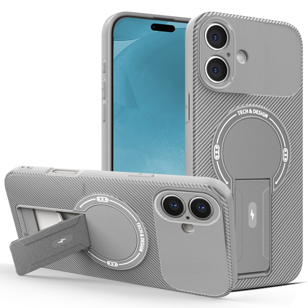 (Grey) For Iphone 17 Case With Kickstand Carbon Fiber Texture Pc + Tpu Phone Cover Grey 6914292117145