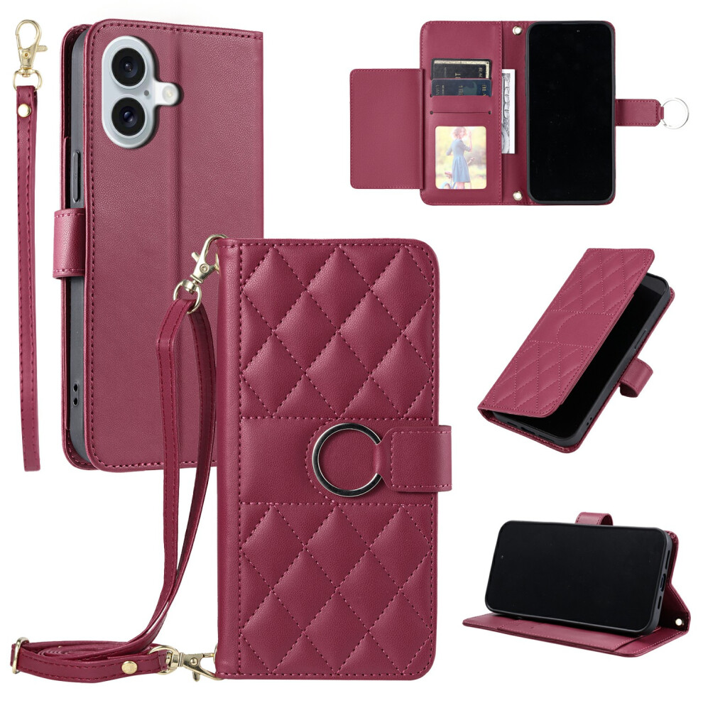 (Red) For Iphone 17 Case Ring Buckle Wallet Stand Rhombus Crossbody Leather Mobile Cover Red 6914294585782