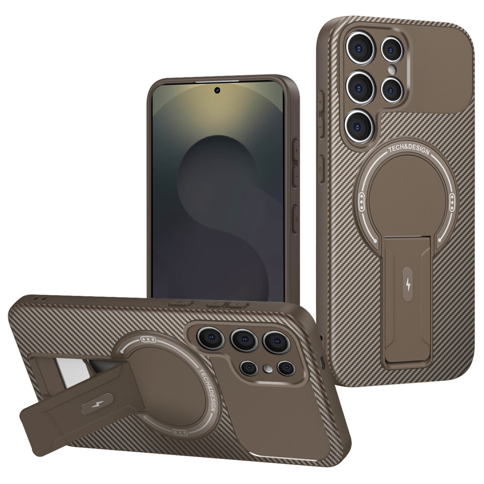 (Brown) For Samsung Galaxy S25 Ultra Case With Kickstand Carbon Fiber Texture Pc + Tpu Phone Cover Brown 6914293454133