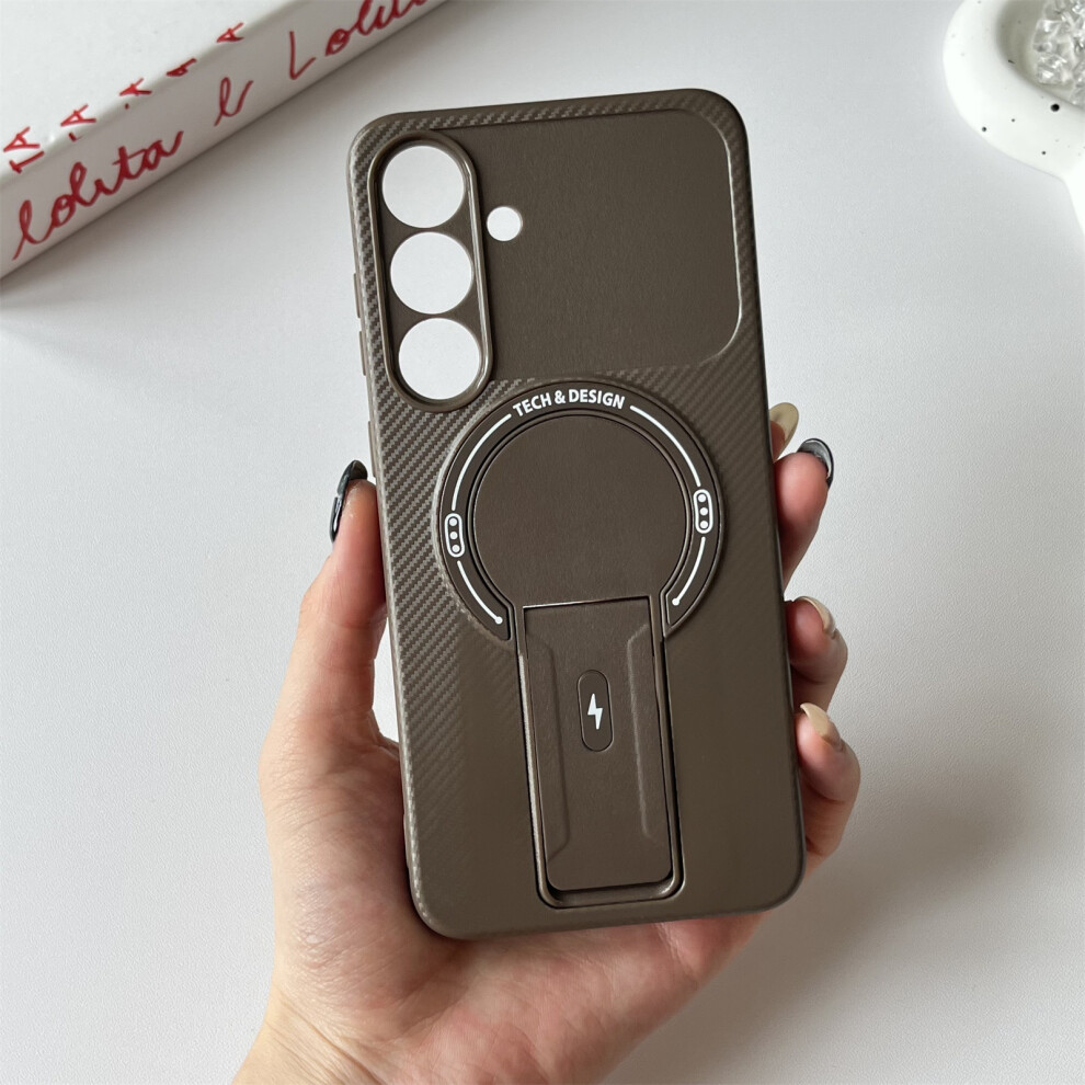 (Brown) For Samsung Galaxy S25+ / S24+ Case With Kickstand Carbon Fiber Texture Pc + Tpu Phone Cover Brown 6914291900779