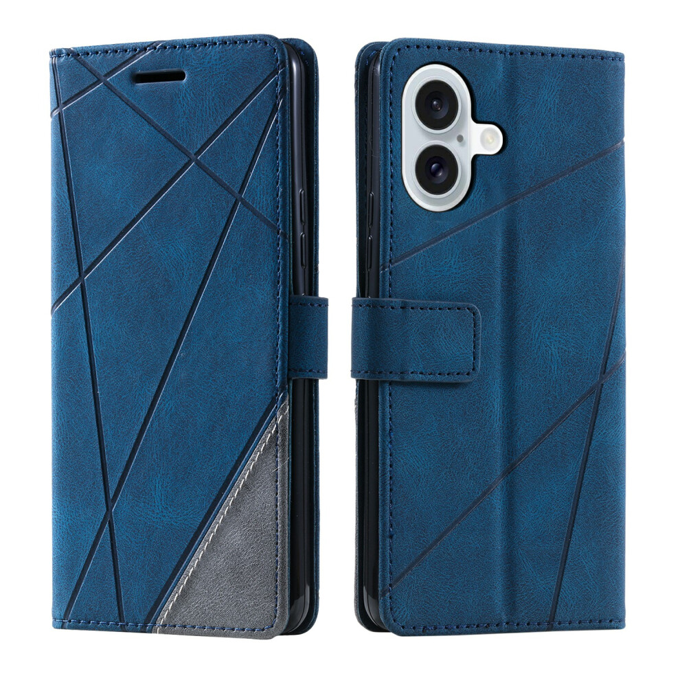 (Blue) For Iphone 17 Case Imprinted Lines Pu Leather Splicing Wallet Phone Cover Blue 6914295012294